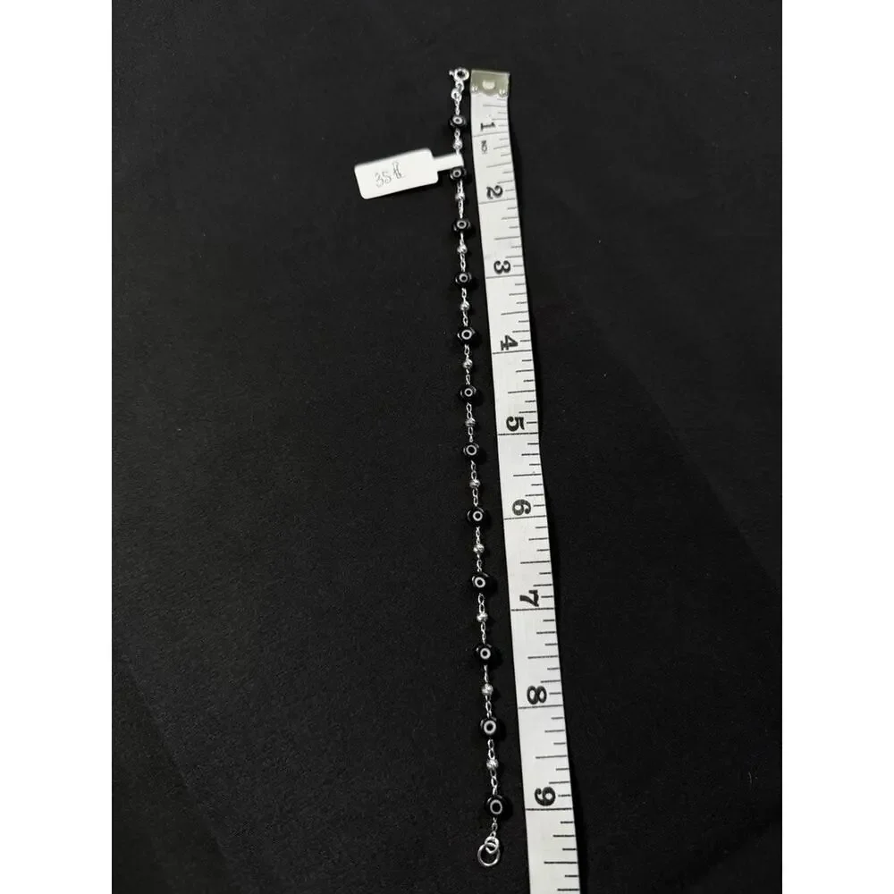 Sterling Silver Black Evil Eye Bead Bracelet Diamond Cut Beads Protection 9 Inch